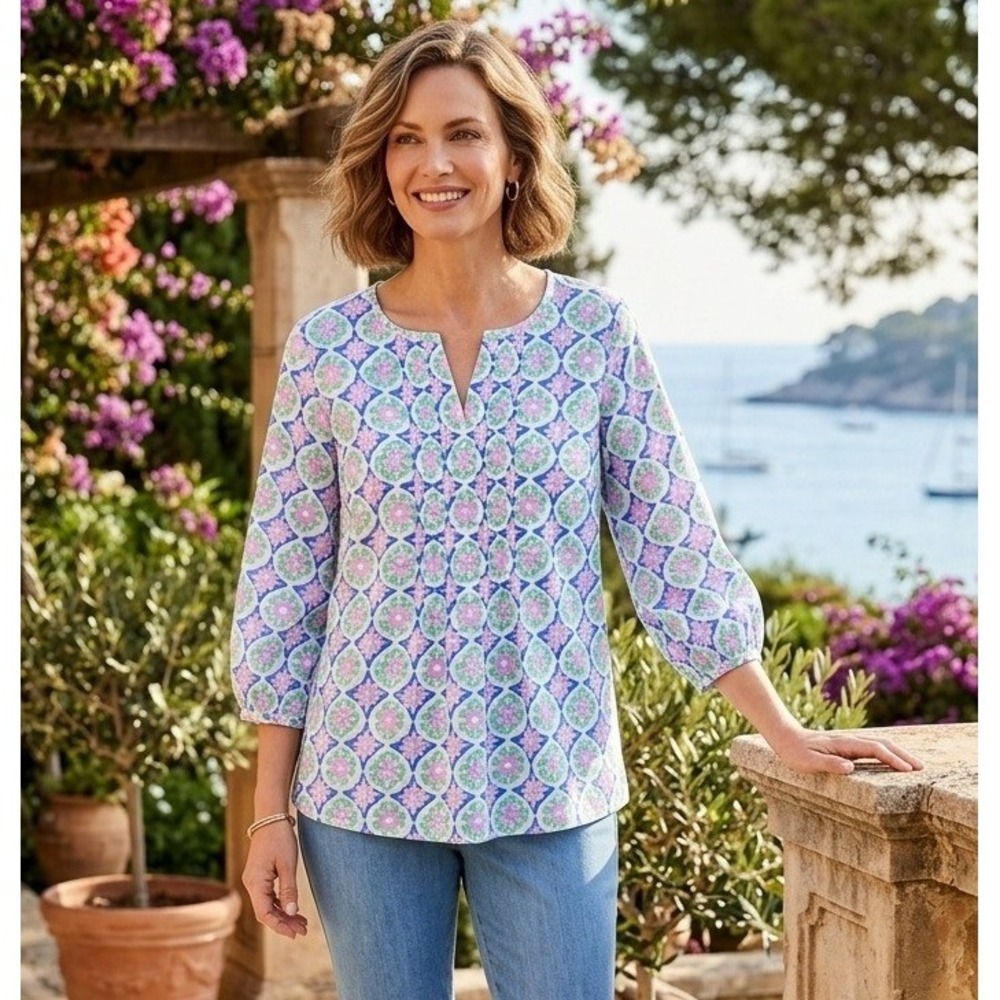 Talbots‎ Petite Pintuck 3/4 Sleeve Floral Blouse Top Women's LP Vacation Cotton